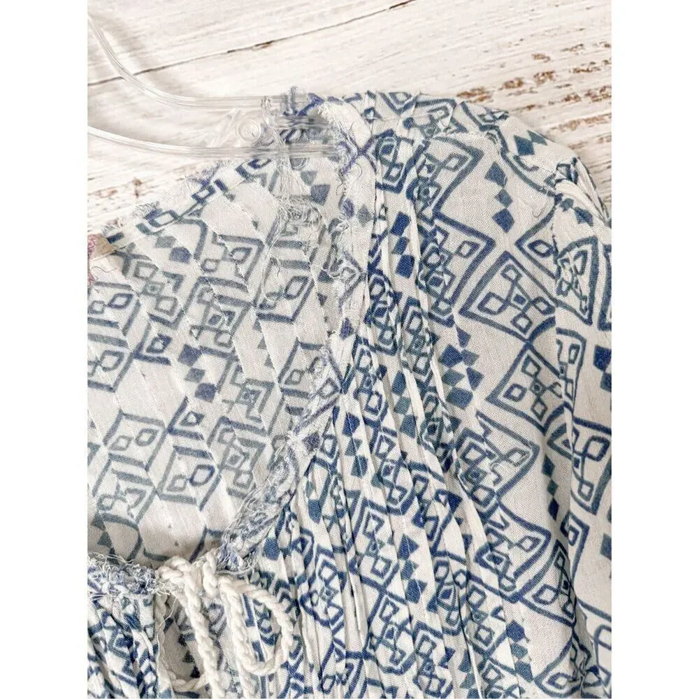 Free People Women's Geometric Long Sleeve Boho Mini Dress White Blue Small